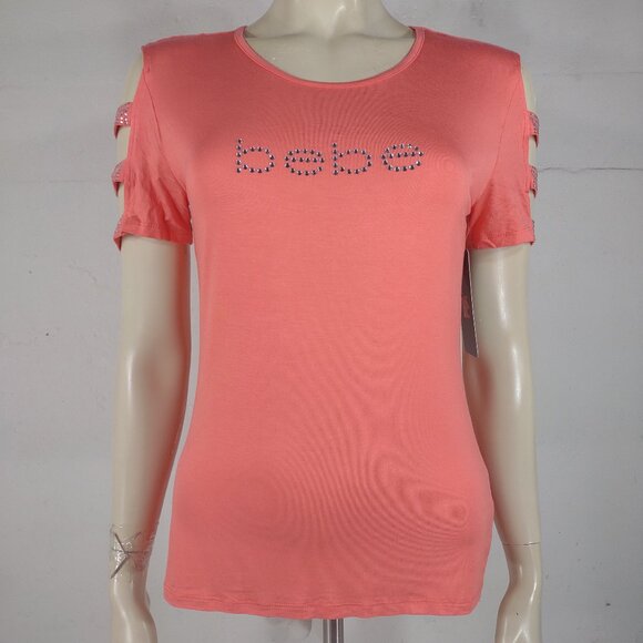 bebe Tops - NWT bebe melon pink jeweled logo cold shoulder short sleeve tee blouse Medium